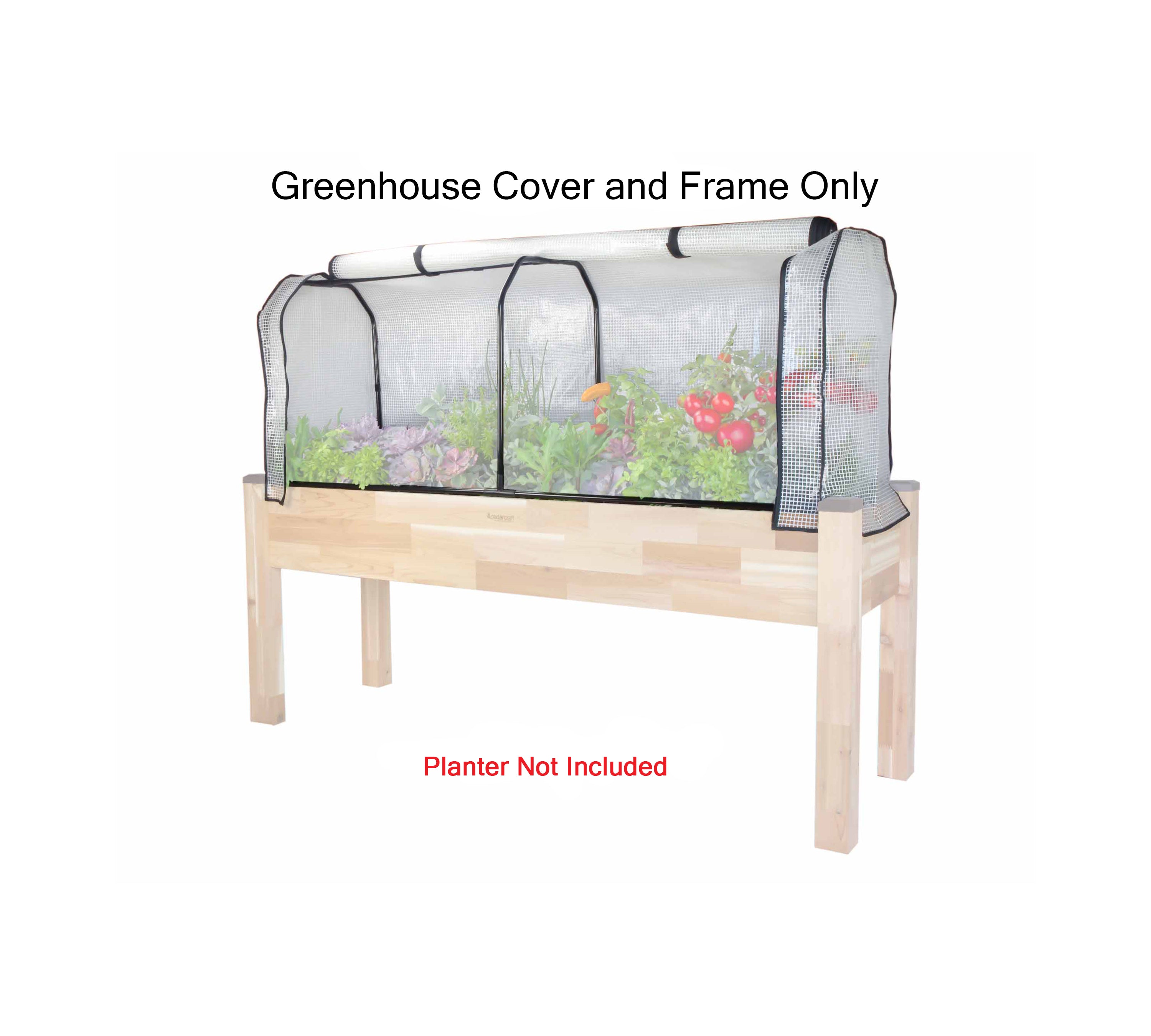 Greenhouse cover and frame on a Cedar planter