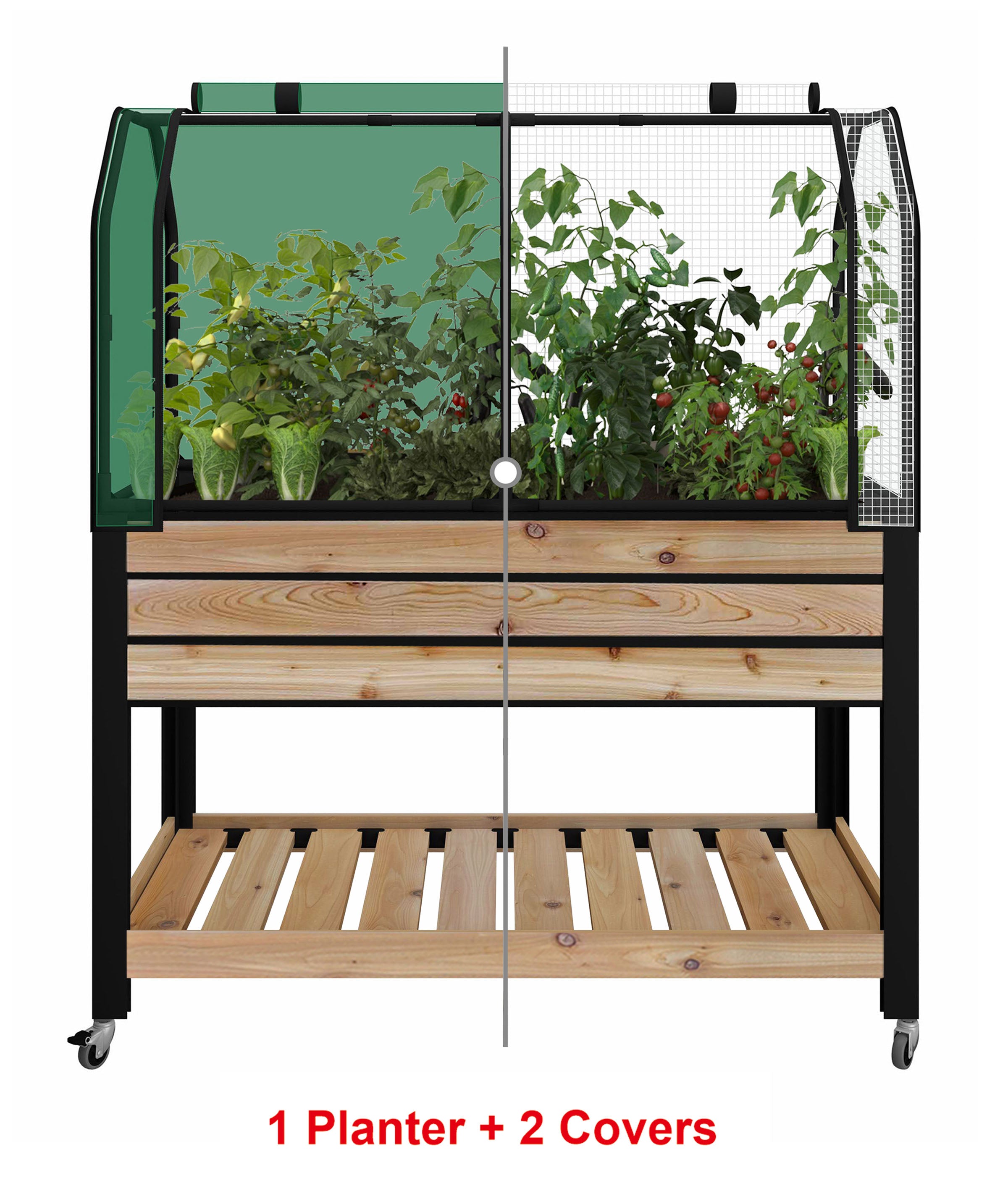 Self-Watering Cedar Slat Planter with Self (21 x 47 x 32"H) + Greenhouse & Bug Cover