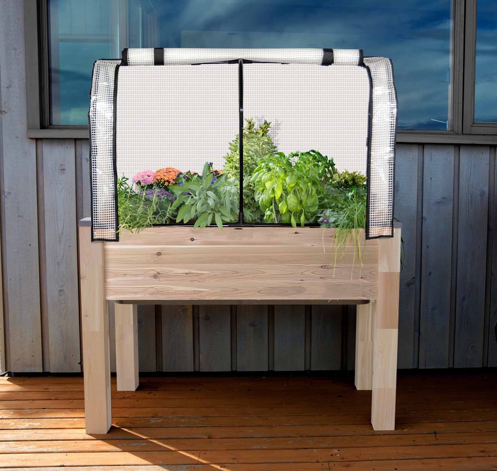 cedarcraft self watering planter cover Self-Watering Cedar Planter (22" x 48" x 30"H) + Greenhouse & Bug Cover