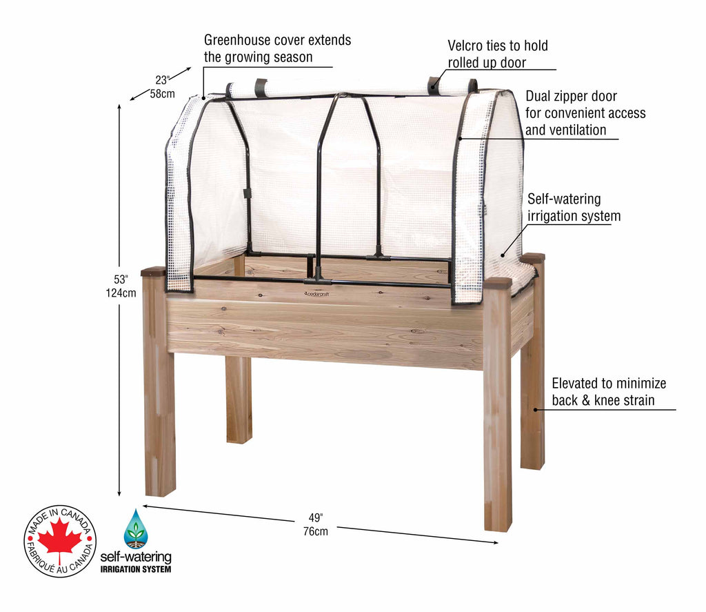Self-Watering Cedar Planter (23" x 49" x 30"H) + Greenhouse Cover