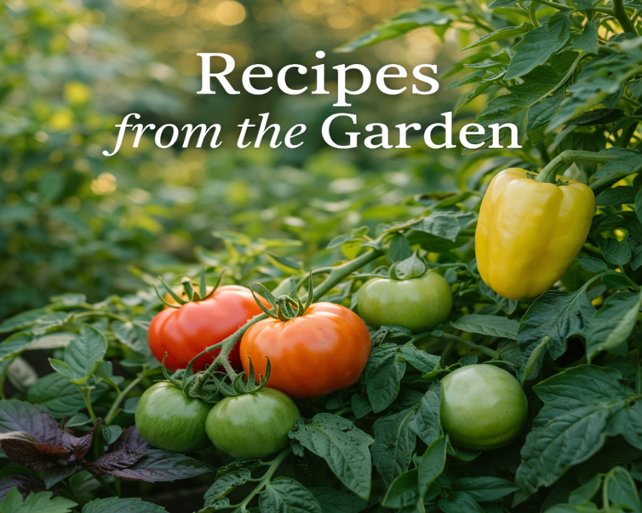 Tomatoes and a yellow pepper on a plant with 'Recipes from the Garden' text.