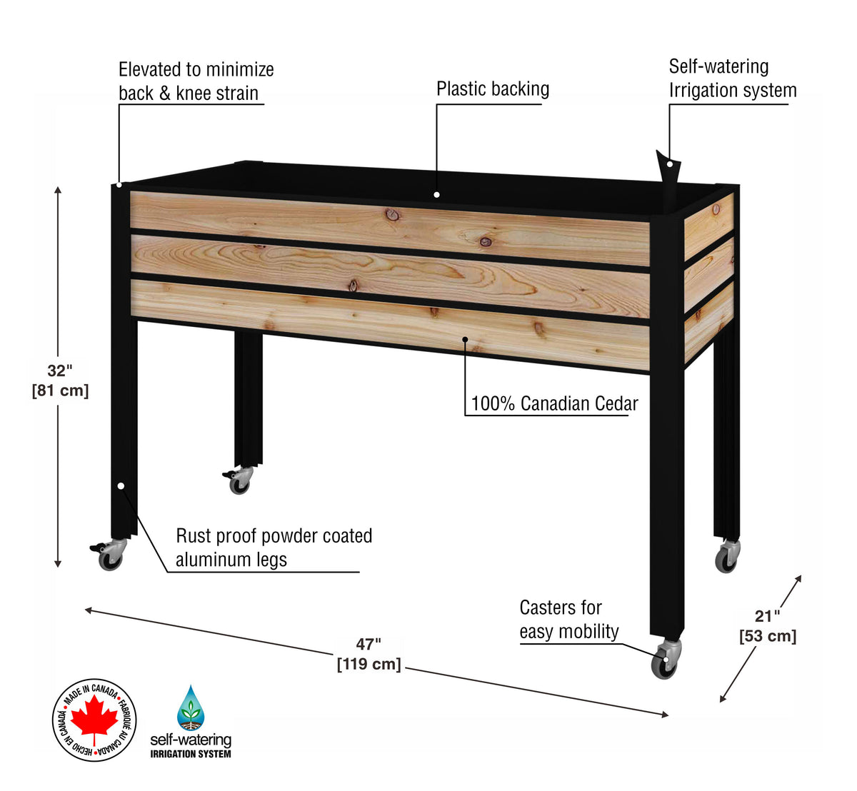 Self-Watering Cedar Slat Planter (21" x 47" x 32"H)