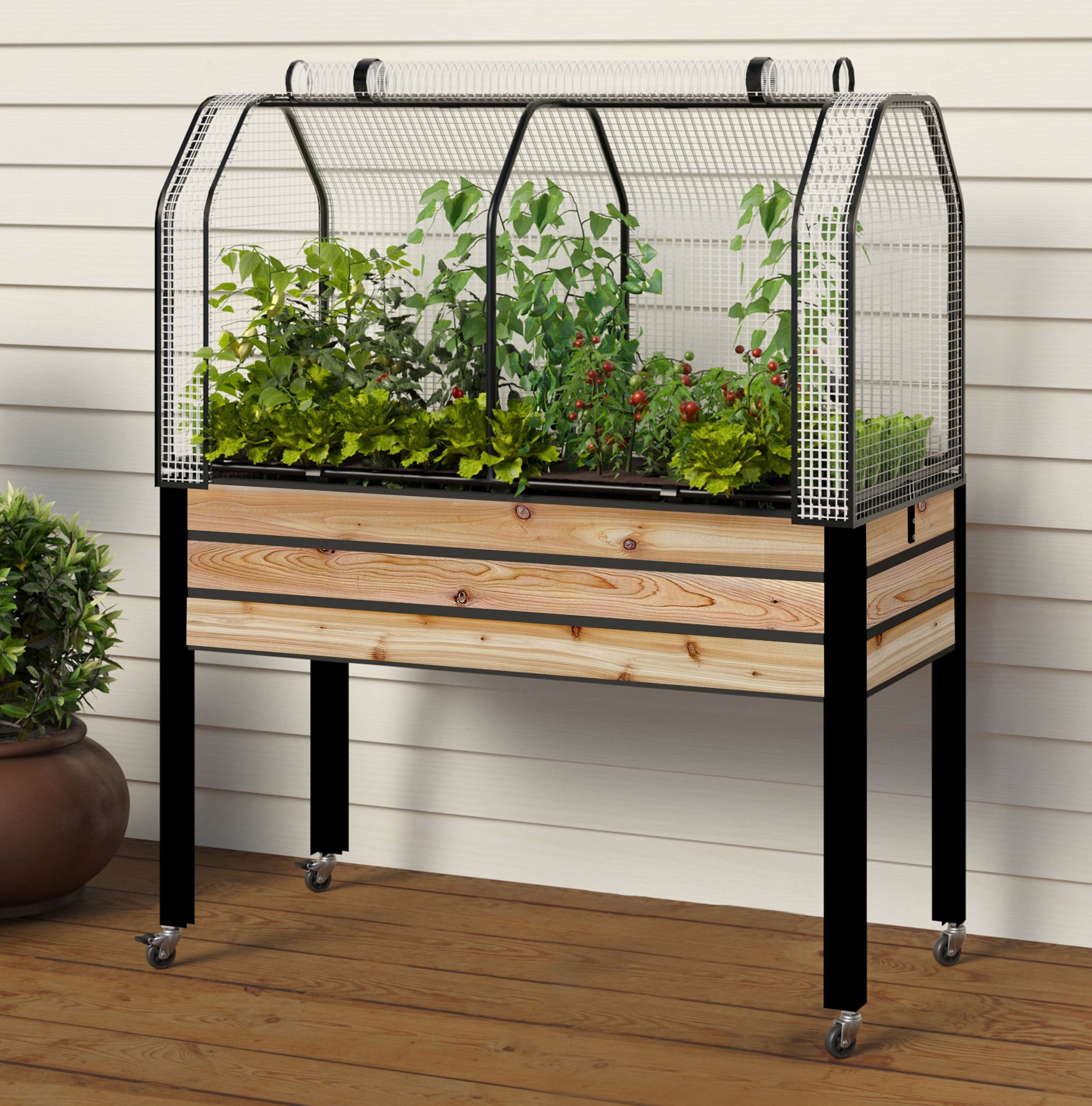 Self-Watering Cedar Slat Planter (21 x 47 x 32"H) + Greenhouse & Bug Cover