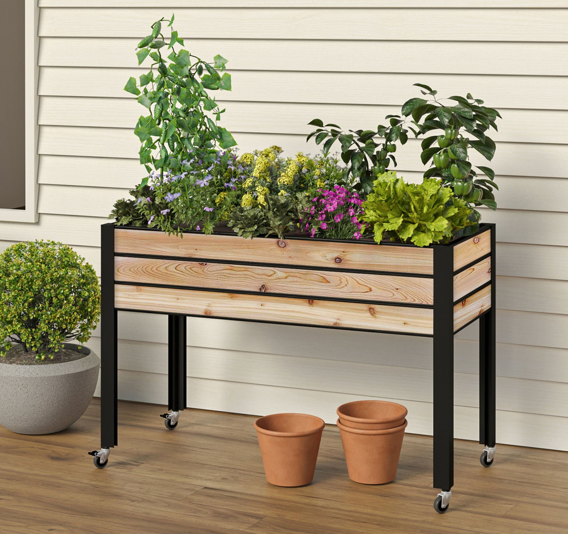 ankerfield self-watering eco-stained elevated planter box Self-Watering Cedar Slat Planter (21" x 47" x 32"H) – CedarCraft