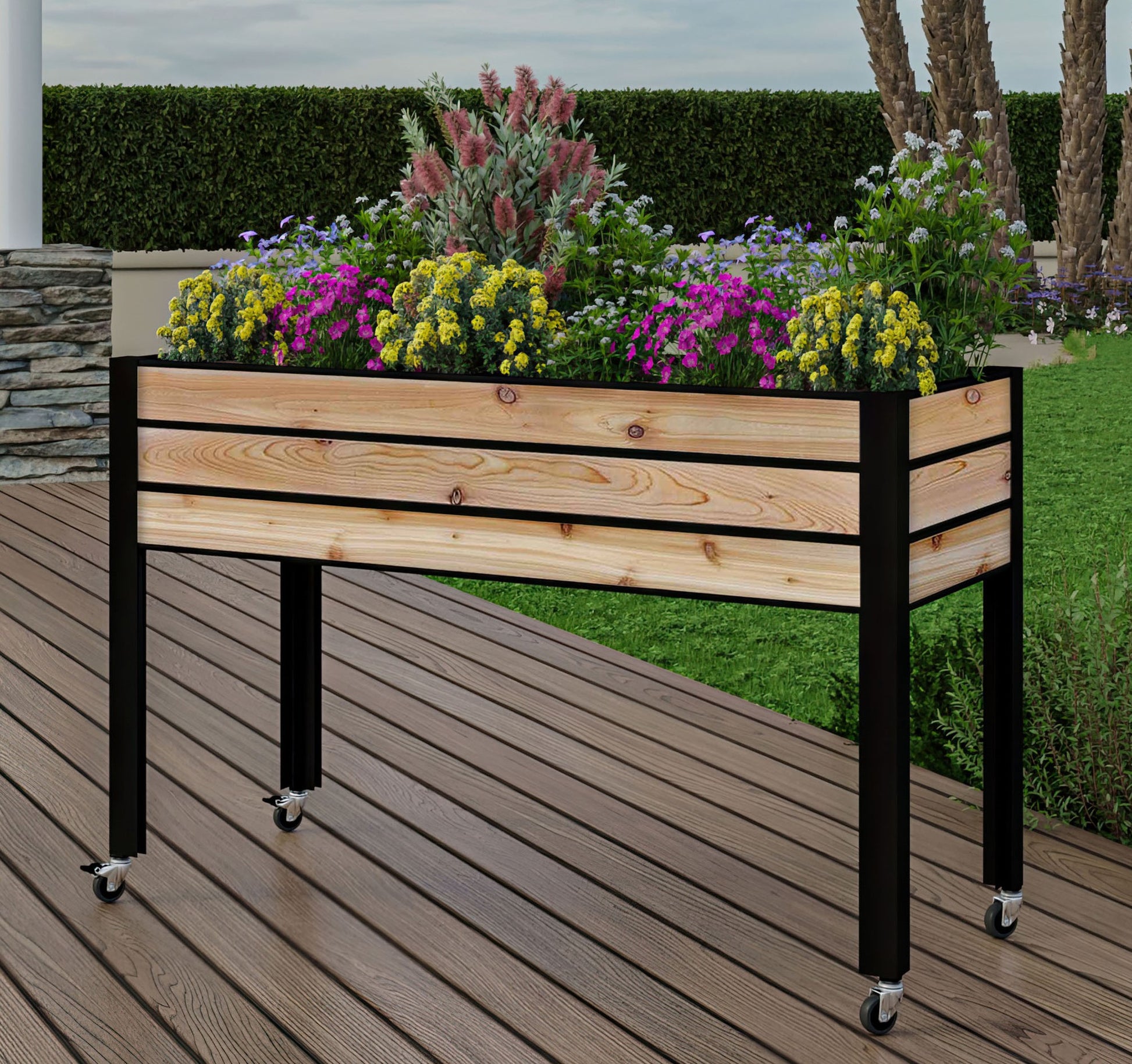 raised garden bed with self watering planter box Self-Watering Cedar Slat Planter (21" x 47" x 32"H)
