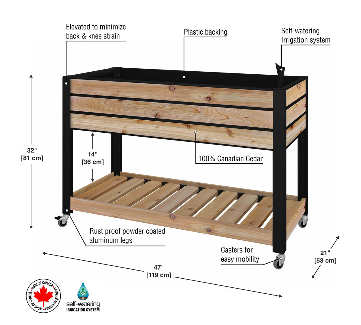 Self-Watering Cedar Slat Planter with Shelf (21" x 47" x 32"H)