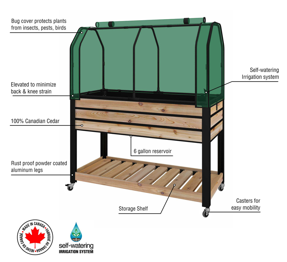 Self-Watering Cedar Slat Planter with Shelf (21 x 47 x 32"H) + Greenhouse & Bug Cover