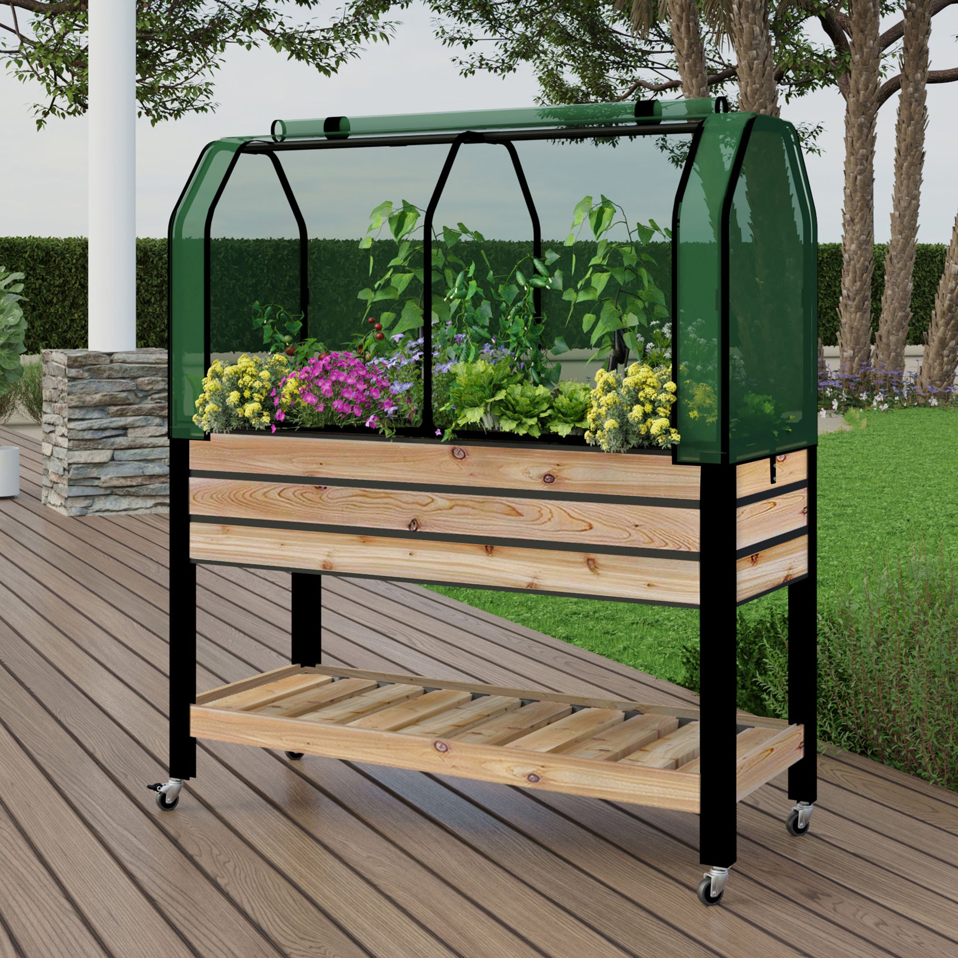 cedarcraft self-watering elevated cedar planter with greenhouse and bug cover Self-Watering Cedar Slat Planter with Self (21 x 47 x 32"H) + Greenhouse & Bug Cover