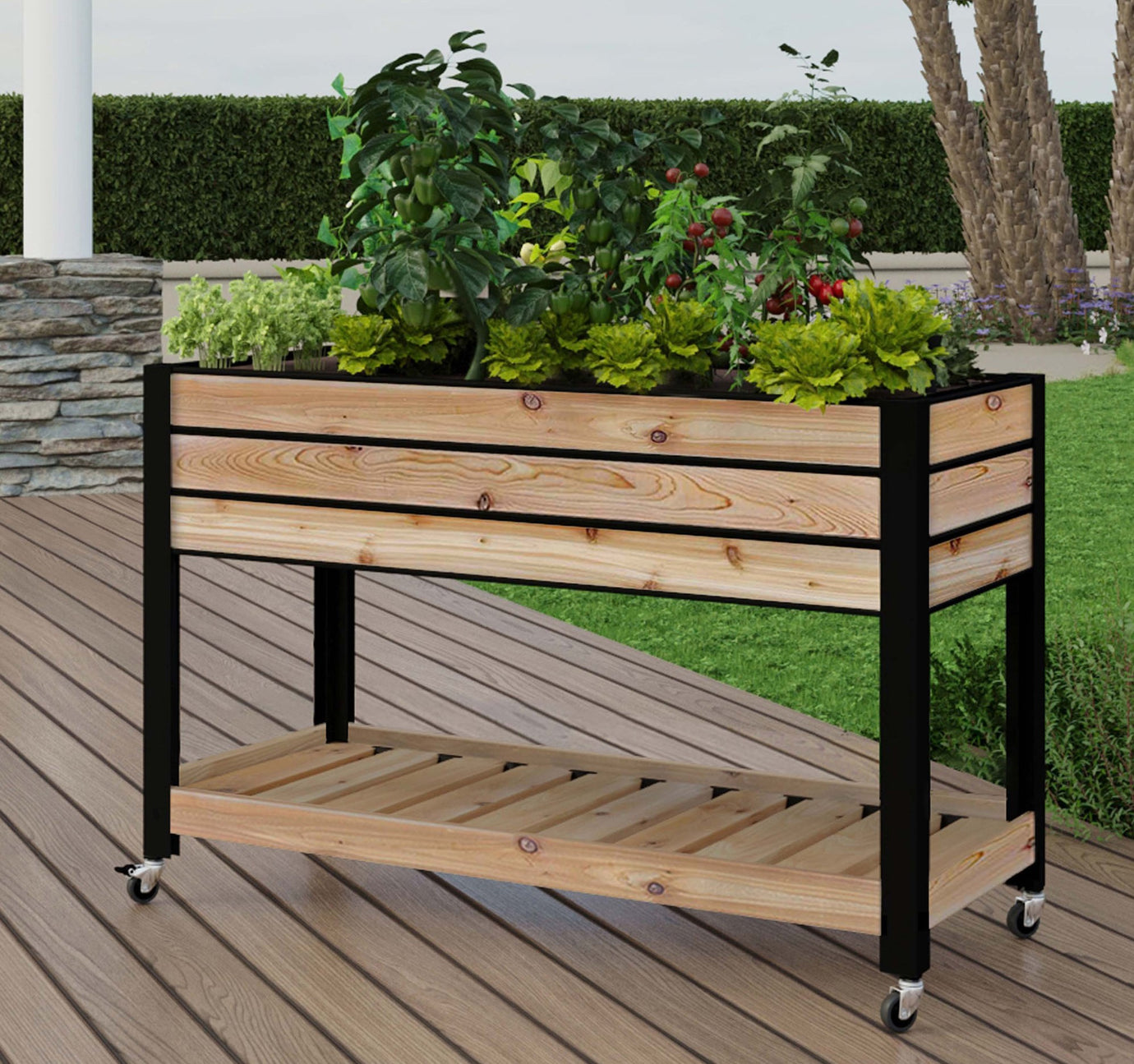 Self-Watering Cedar Slat Planter with Shelf (21" x 47" x 32"H) – CedarCraft