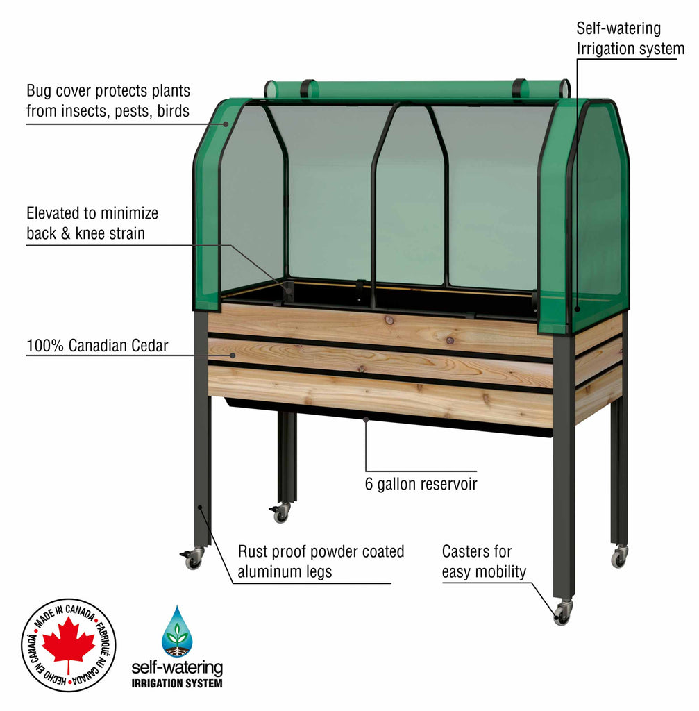 Self-Watering Cedar Slat Planter (21 x 47 x 32"H) + Greenhouse & Bug Cover