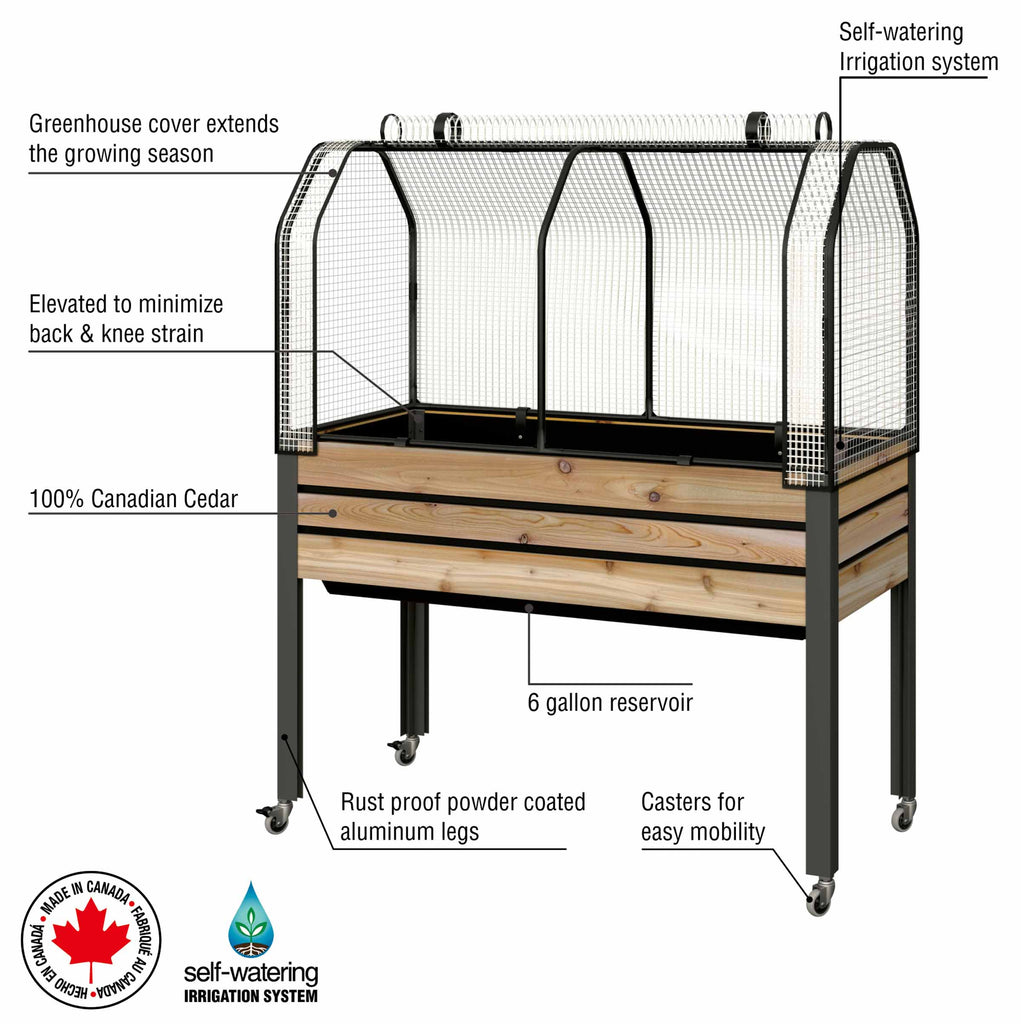 Self-Watering Cedar Slat Planter (21 x 47 x 32"H) + Greenhouse & Bug Cover