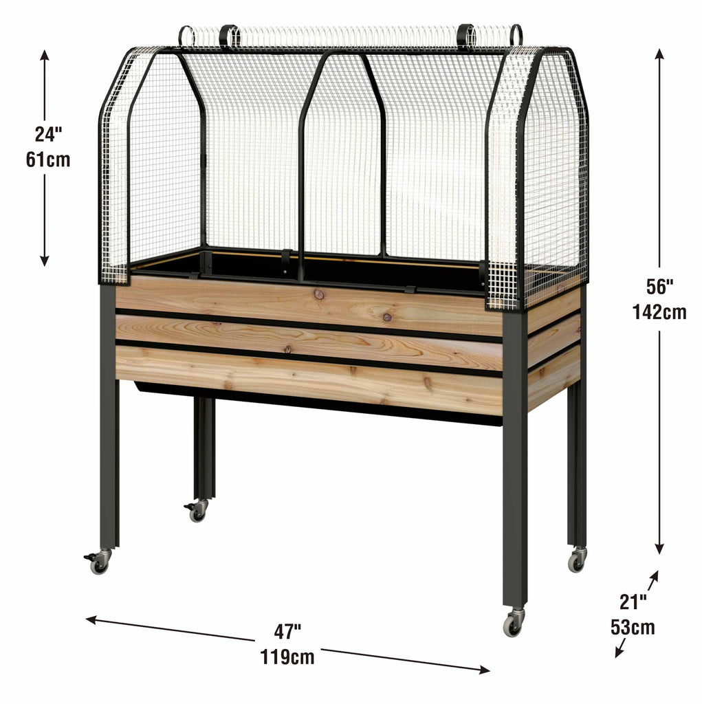 Self-Watering Cedar Slat Planter (21 x 47 x 32"H) + Greenhouse & Bug Cover