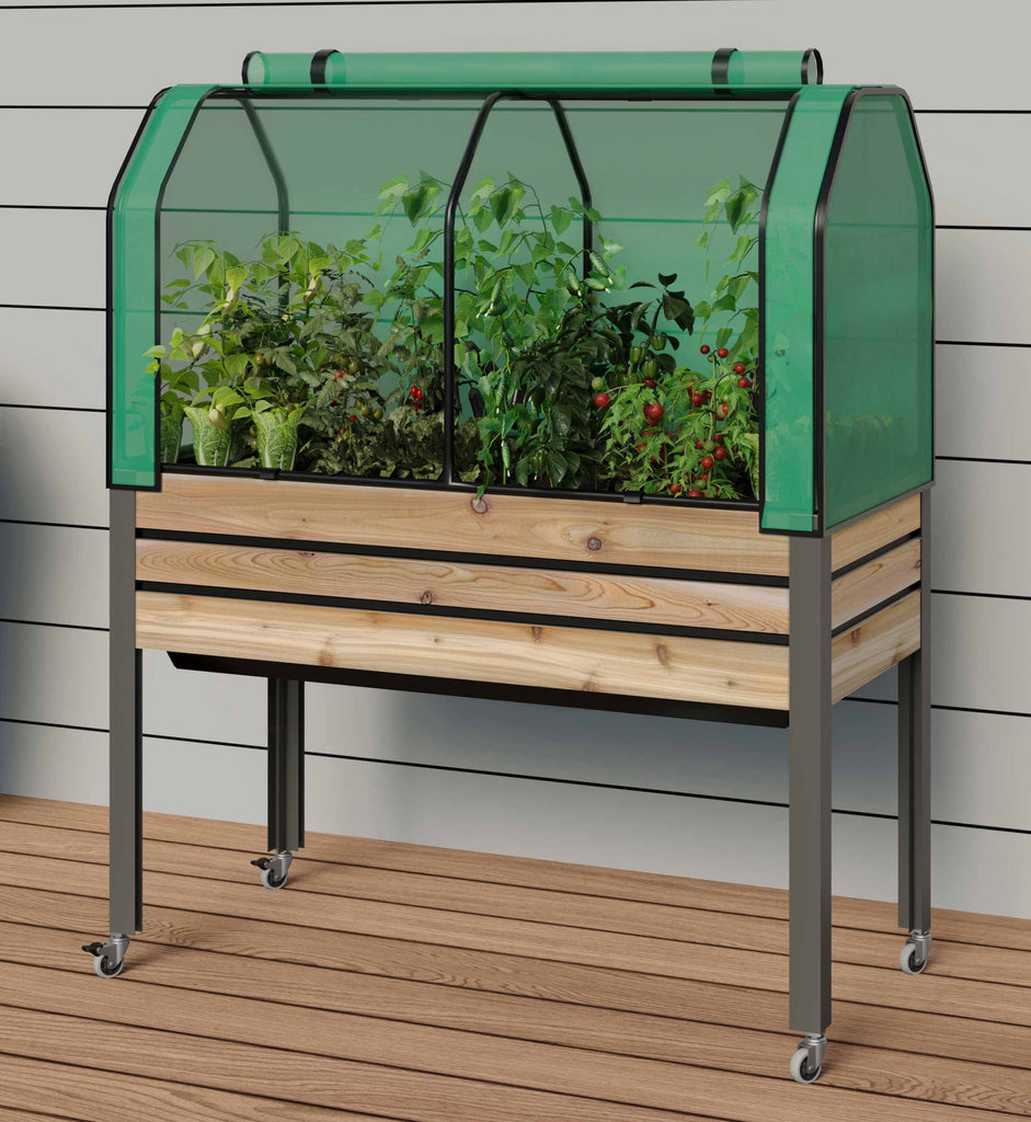 Self-Watering Cedar Slat Planter (21 x 47 x 32"H) + Greenhouse & Bug Cover