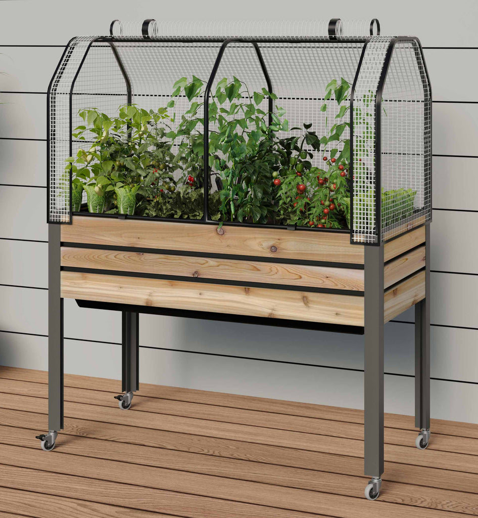 Self-Watering Cedar Slat Planter (21 x 47 x 32"H) + Greenhouse & Bug Cover