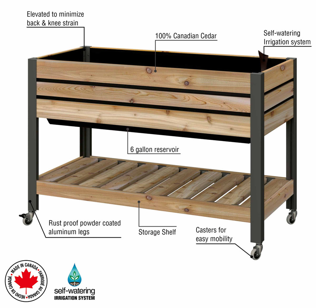 Self-Watering Cedar Slat Planter (21" x 47" x 32"H) With Shelf