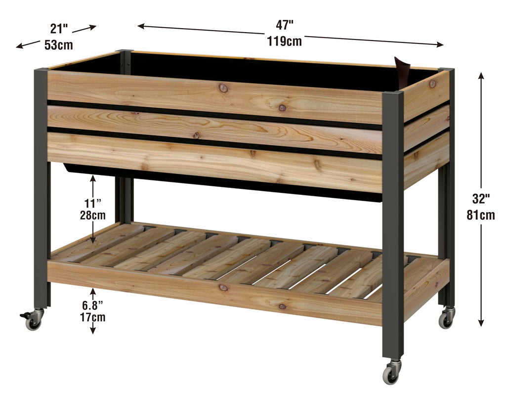 Self-Watering Cedar Slat Planter (21" x 47" x 32"H) With Shelf