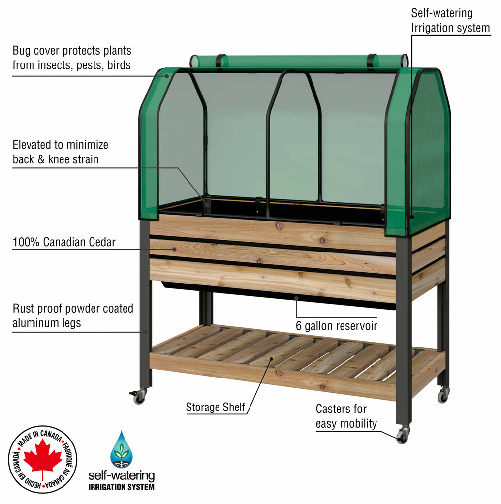 Self-Watering Cedar Slat Planter (21 x 47 x 32"H) With Shelf + Greenhouse & Bug Cover