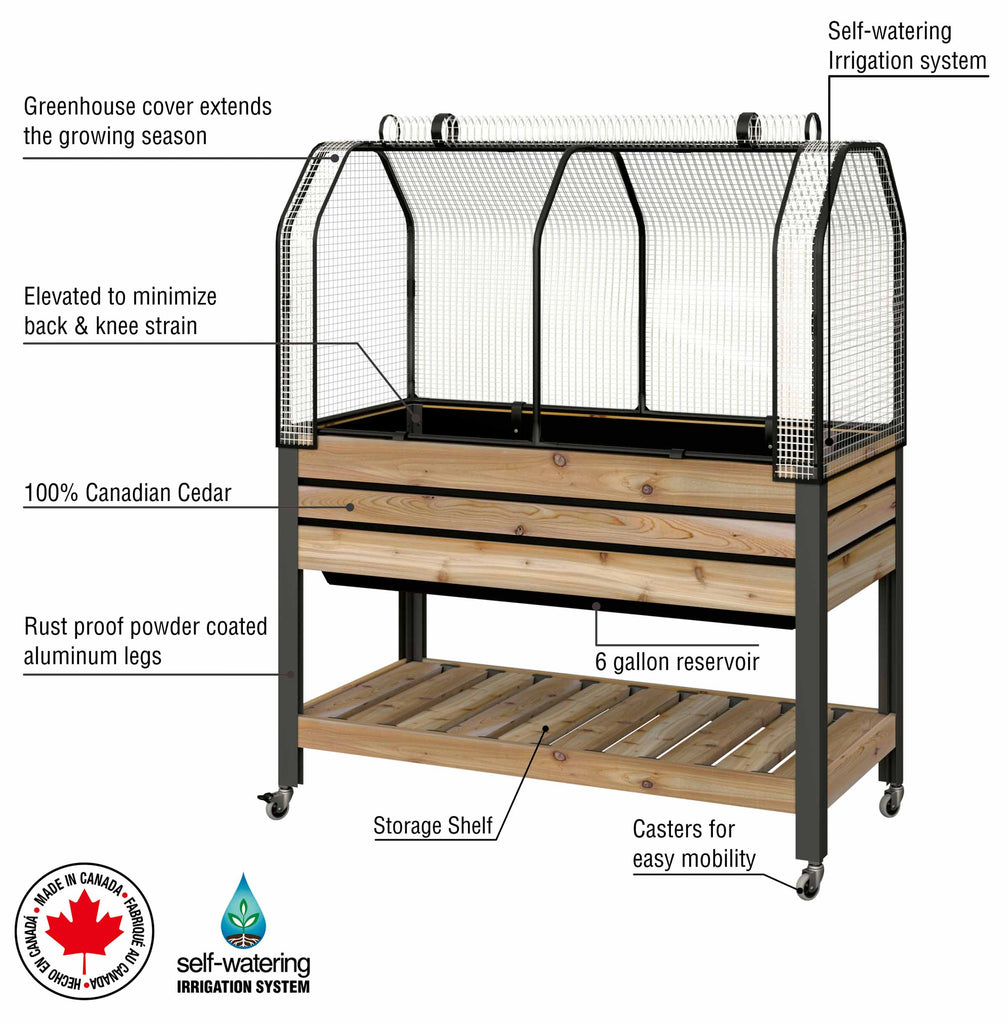 Self-Watering Cedar Slat Planter (21 x 47 x 32"H) With Shelf + Greenhouse & Bug Cover