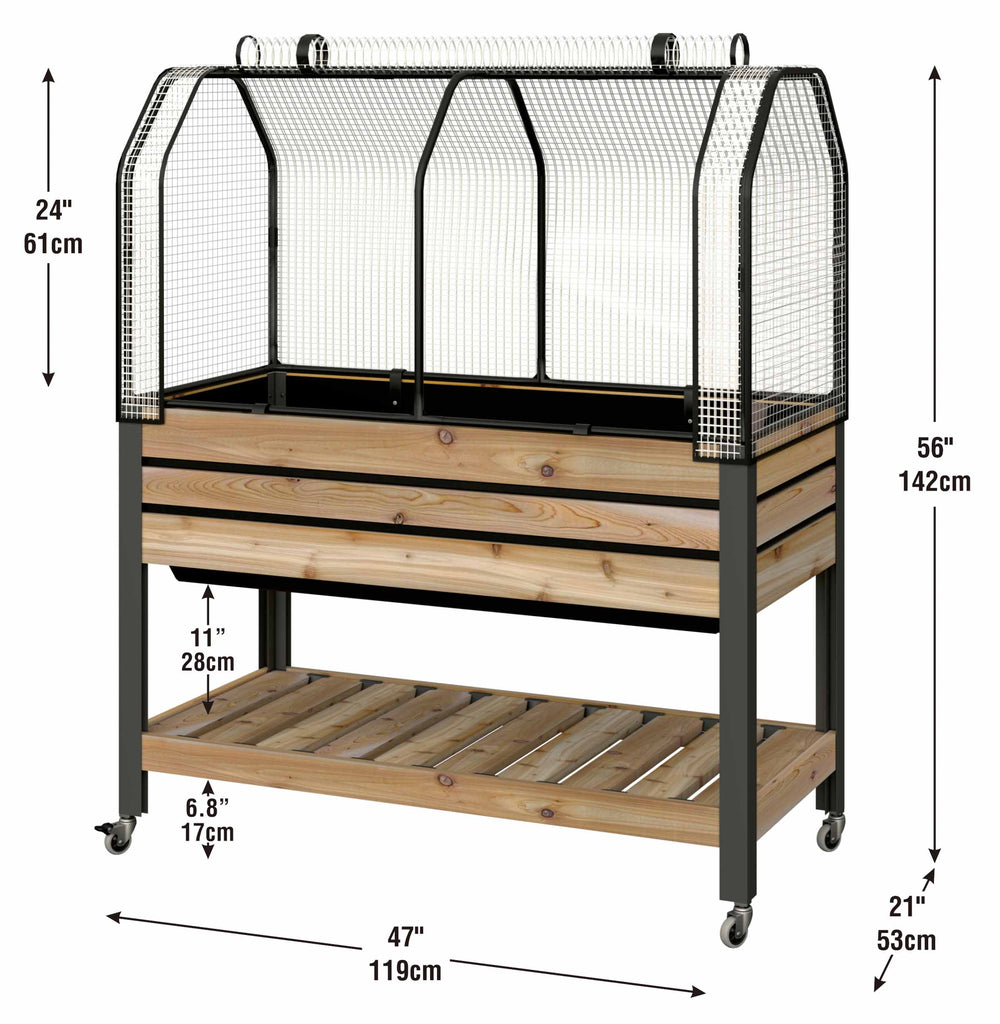 Self-Watering Cedar Slat Planter (21 x 47 x 32"H) With Shelf + Greenhouse & Bug Cover