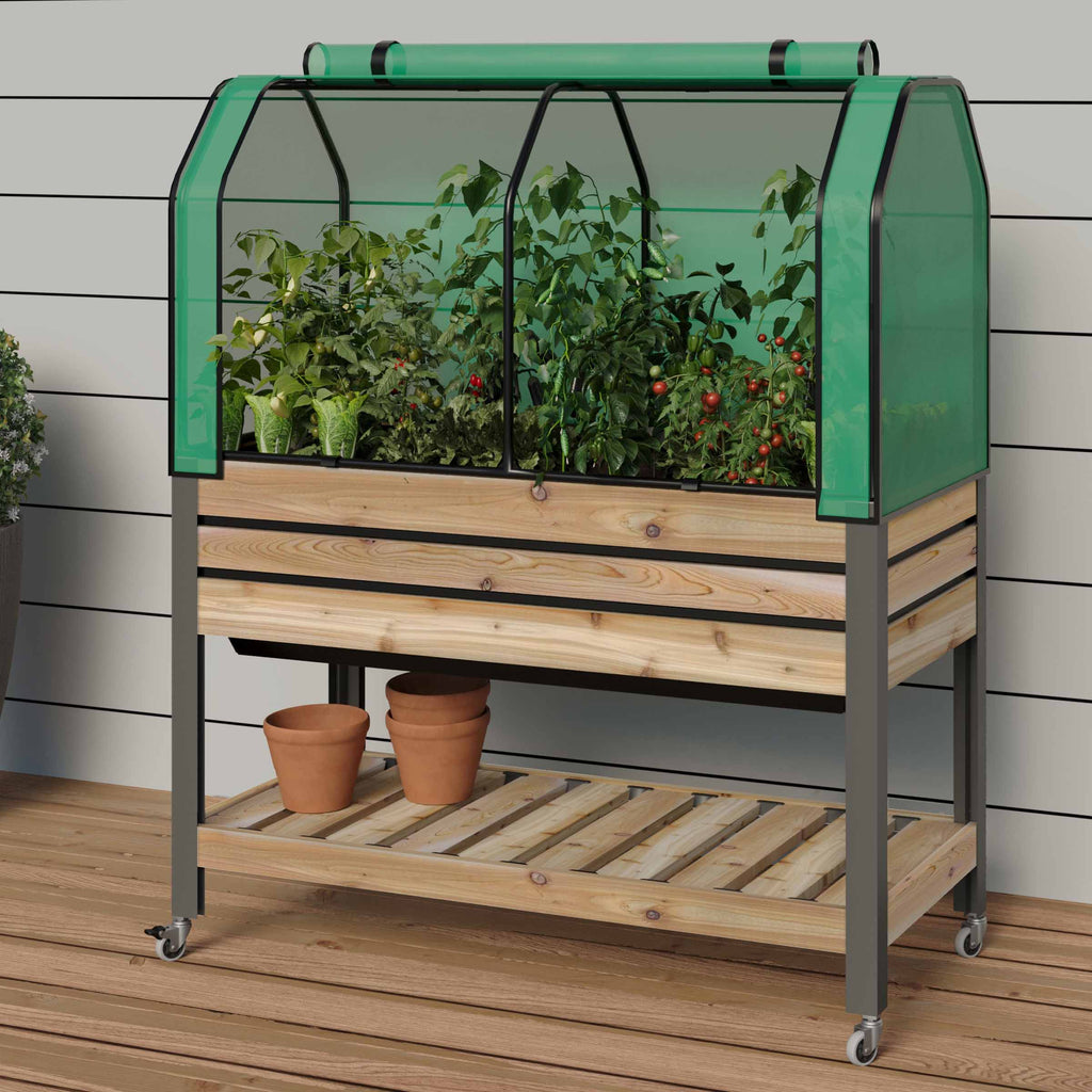 Self-Watering Cedar Slat Planter (21 x 47 x 32"H) With Shelf + Greenhouse & Bug Cover