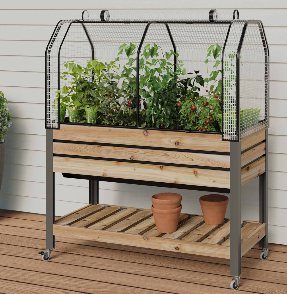 Self-Watering Cedar Slat Planter (21 x 47 x 32"H) With Shelf + Greenhouse & Bug Cover