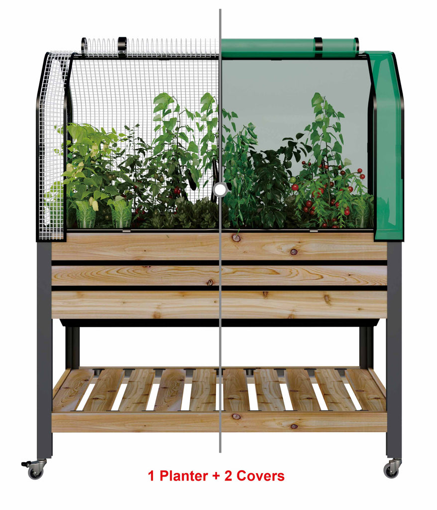 Self-Watering Cedar Slat Planter (21 x 47 x 32"H) With Shelf + Greenhouse & Bug Cover