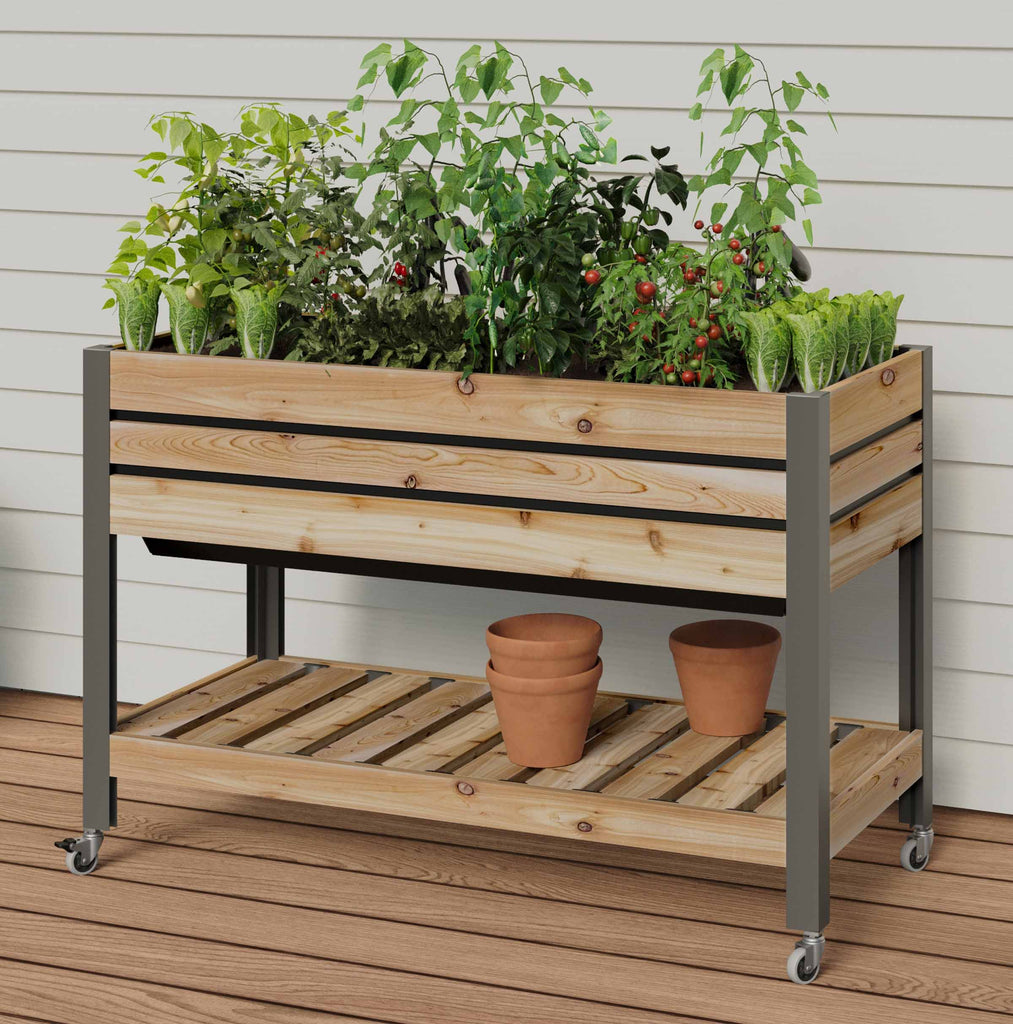 Self-Watering Cedar Slat Planter (21" x 47" x 32"H) With Shelf