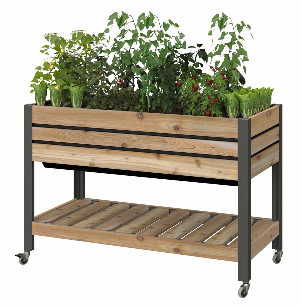 Self-Watering Cedar Slat Planter (21" x 47" x 32"H) With Shelf