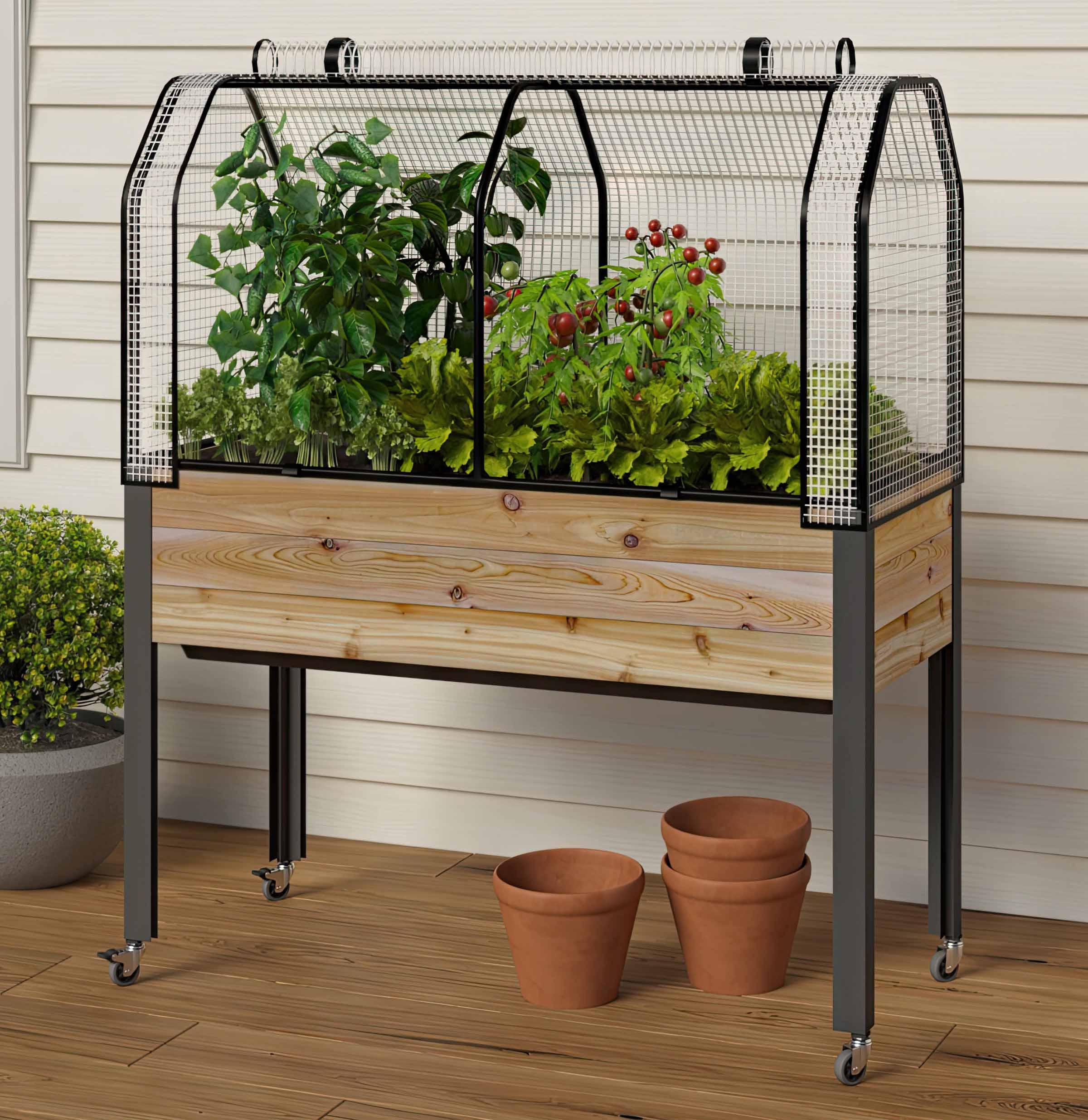Self-Watering Cedar Planter (21 x 47 x 32"H) + Greenhouse & Bug Cover
