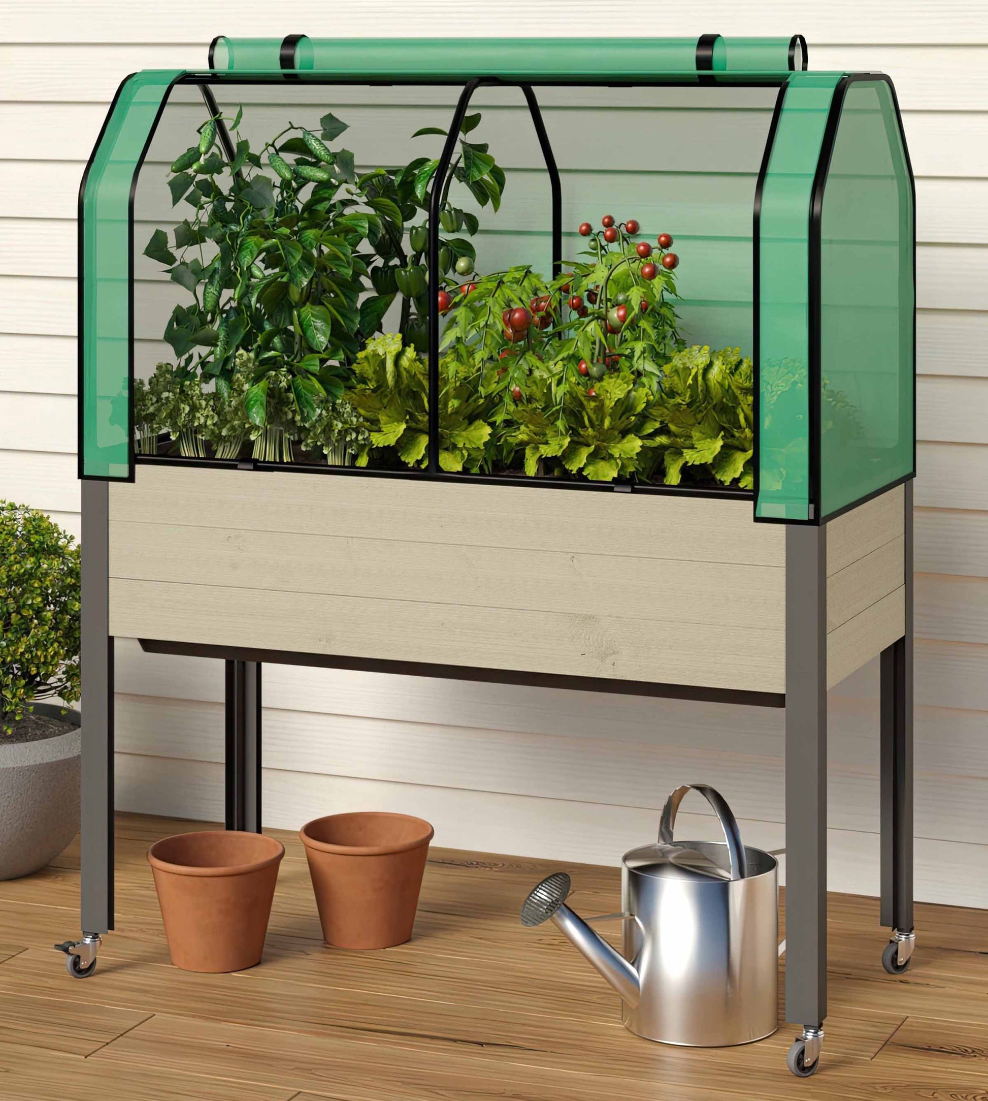 self-watering elevated spruce planter with greenhouse & bug cover Self-Watering Spruce Planter (21 x 47 x 32"H) + Greenhouse & Bug Cover – CedarCraft