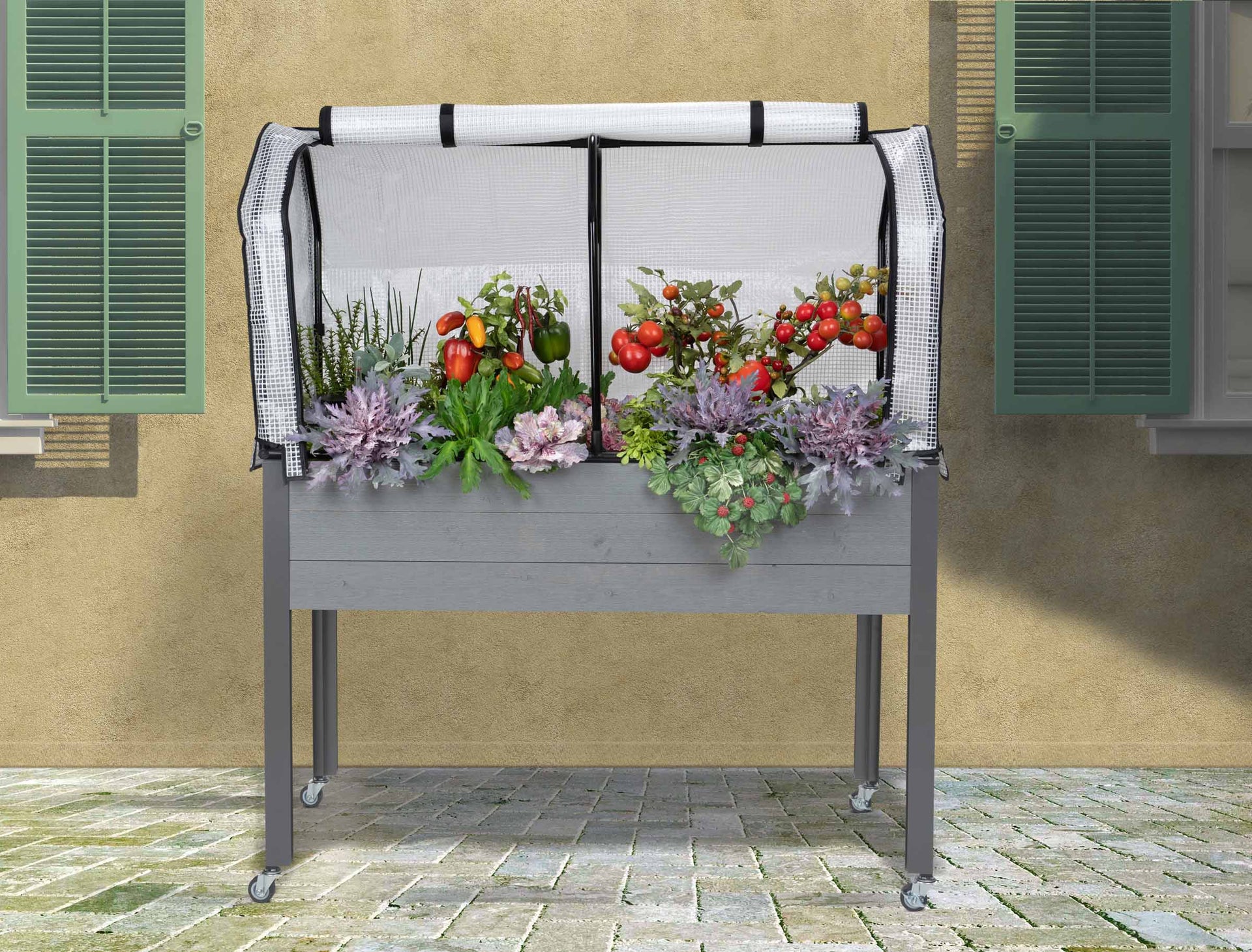 cedarcraft self-watering elevated garden planter Self-Watering Spruce Planter (21 x 47 x 32"H) + Greenhouse & Bug Cover