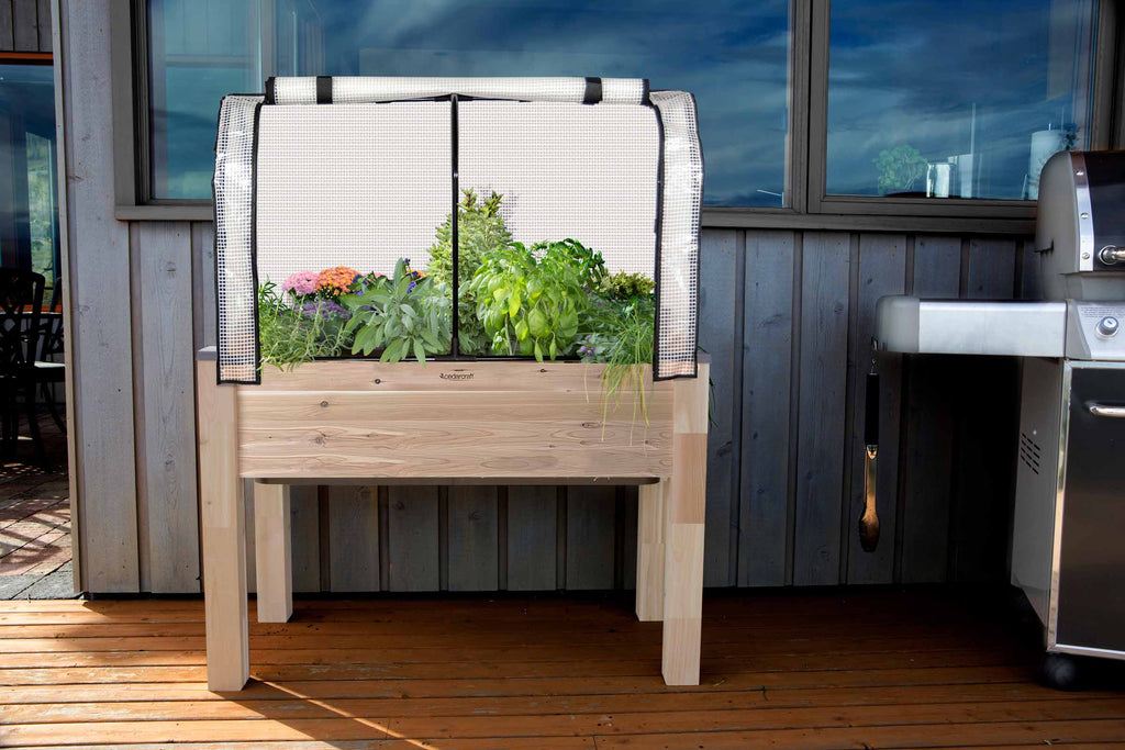 Self-Watering Elevated Cedar Planter (23" x 49" x 30"H) + Greenhouse Cover